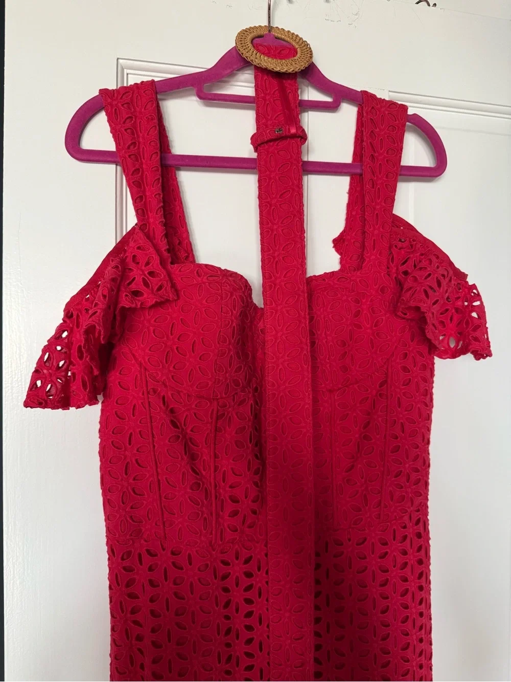 NADINE MERABI Julia Red Eyelet Midi Dress, Belt and Removable shoulder ruffles